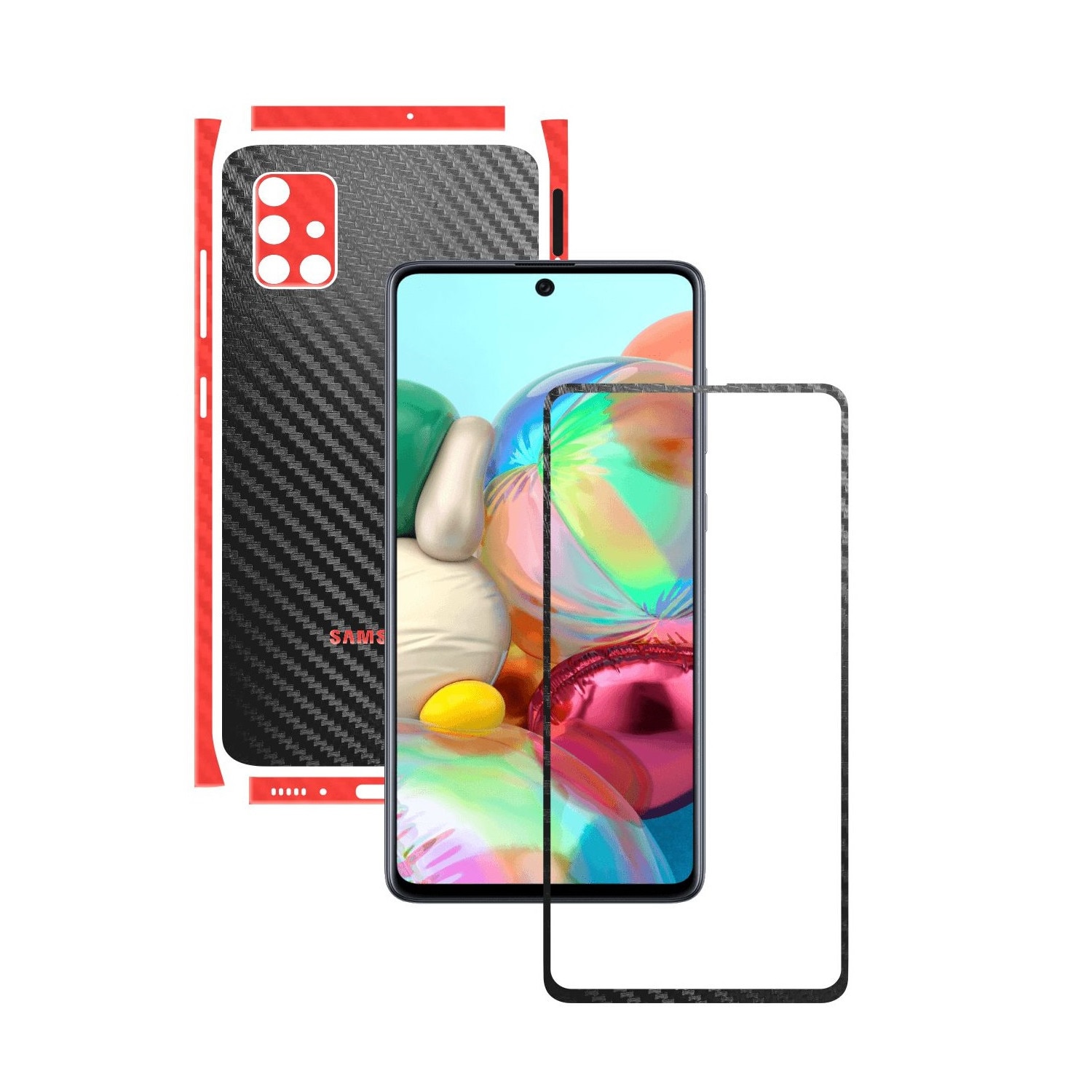 Folie Protectie Carbon Skinz pentru Samsung Galaxy A71 - Carbon Two Tone Negru / Rosu, Skin Adeziv Full Body Cover pentru Rama Ecran, Carcasa Spate si Laterale