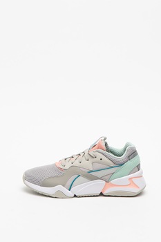 Puma, Pantofi sport de plasa cu insertii de piele Nova, Gri/Roz, 6.5 Puma, Pantofi sport de plasa cu insertii de piele Nova, Gri/Roz, 6.5