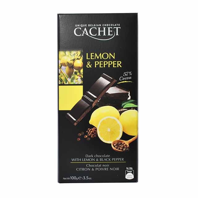 Cachet ciocolata belgiana neagra 57% cu piper lamaie 100g
