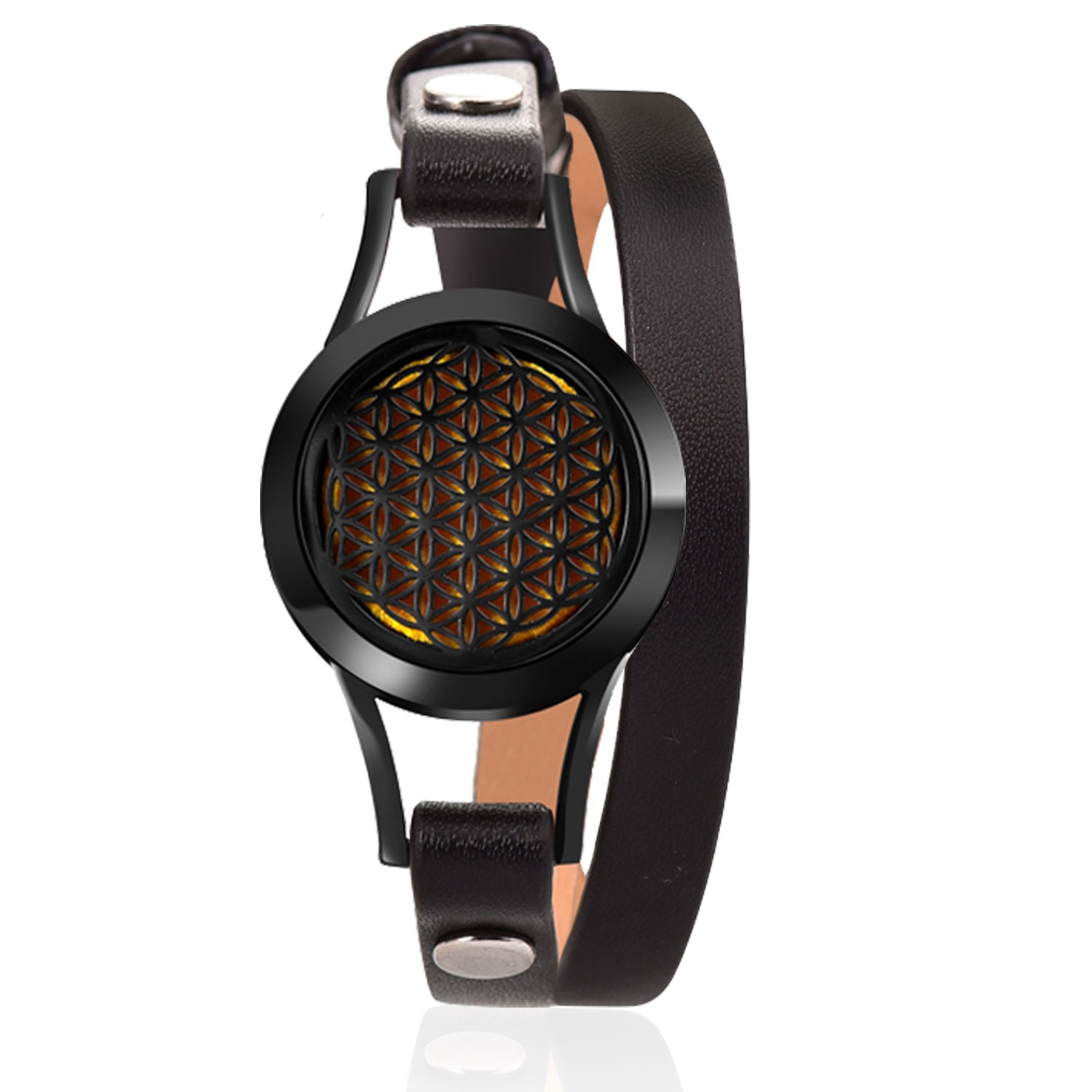 Bratara aromaterapie ZAJA® tip difuzor pentru uleiuri esentiale, Flower of Life-negru, curea neagra
