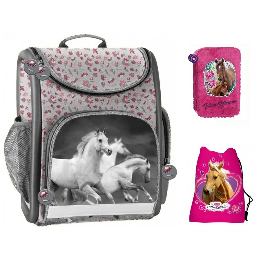 Set ghiozdan scoala, Cal, sac pentru pantofi, penar multicolor