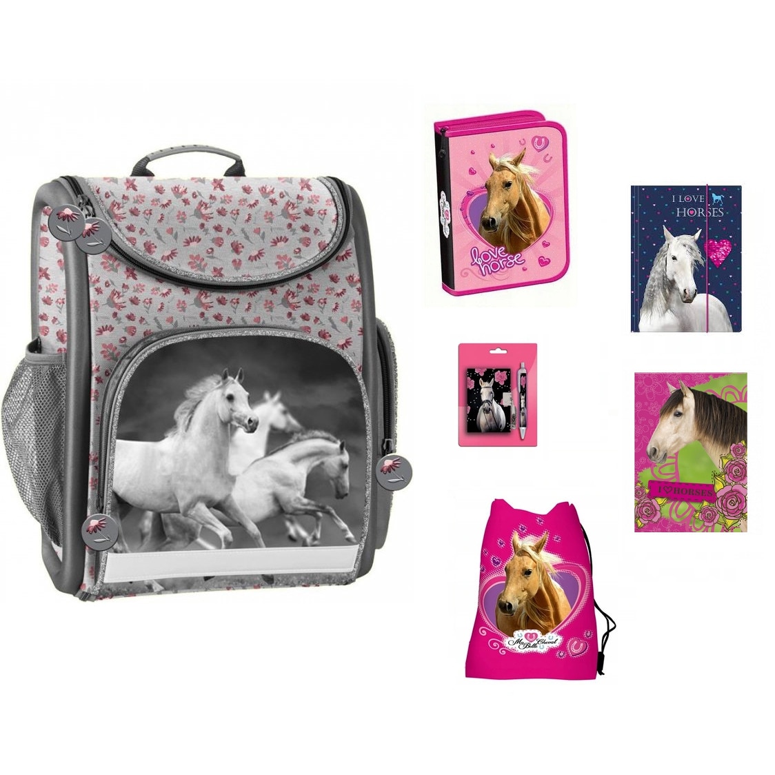 Set ghiozdane scoala, Cal, sac pentru pantofi, caiet, caiet de notite si pix, penar, servieta, multicolor