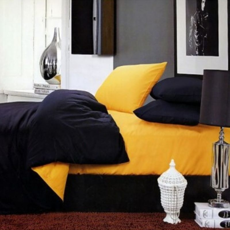 Lenjerie de Pat, Bumbac Ranforce Lux, Model Negru Galben, 2 persoane, 50X70, 200X200, 4 piese