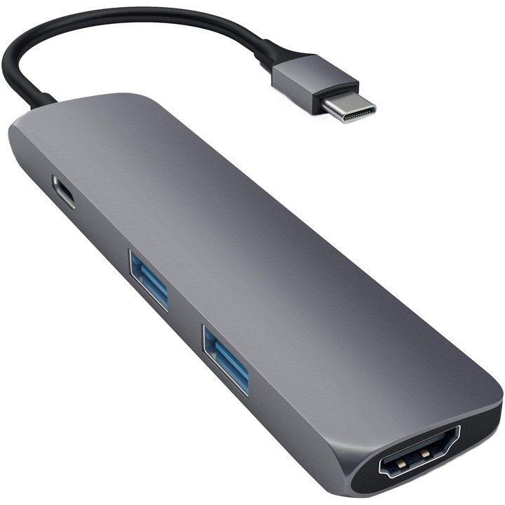 Adaptor USB-C MultiPort Satechi Aluminum slim, HDMI 4K, PassThroughCharging, 2x USB 3.0, Gri spatial