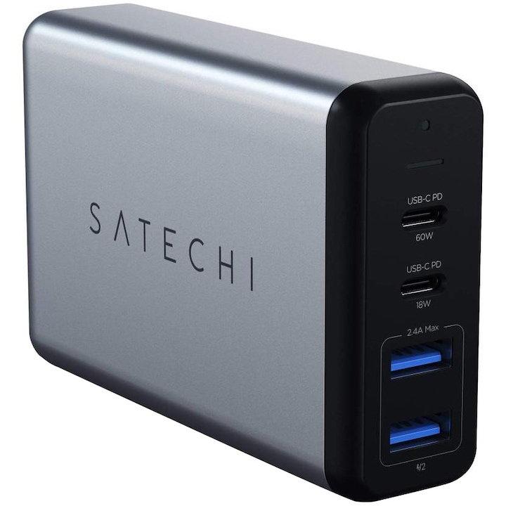 Зарядно устройство за лаптоп Satechi Dual TYPE-C PD Travel Charge, 75W, Space Gray
