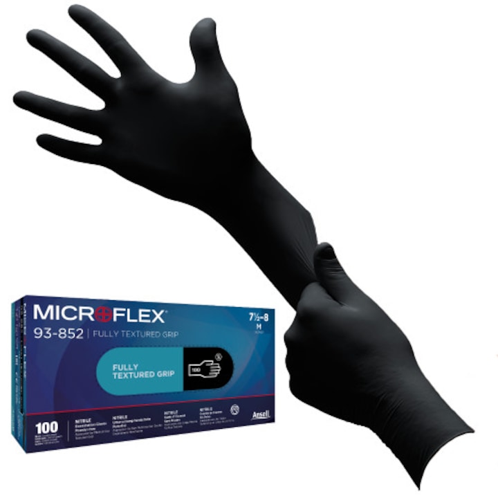 Нитрилни ръкавици Ansell Microflex 93-852, Еднократни, 100 броя, Черен, L
