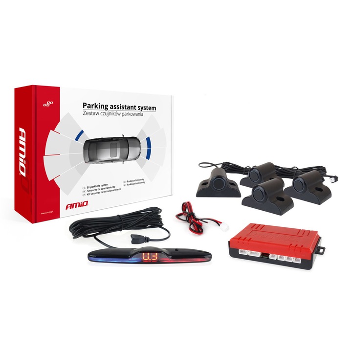 Set 4 senzori parcare cu afisaj slim LED si unitate sonora avertizare, culoare neagra 19mm