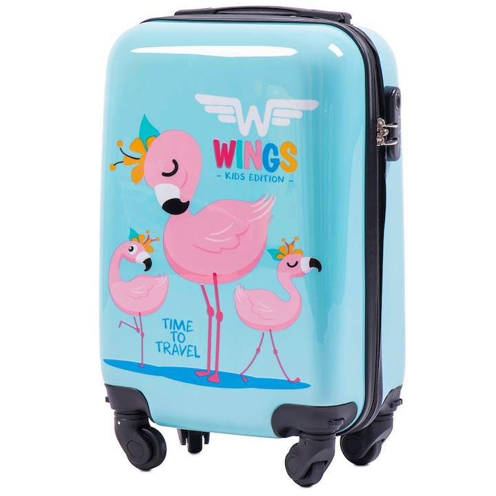 Куфар, Деца, Wings WKIDS - 50 cm Flamingo, поликарбонат, с 4 колела, Светло синьо