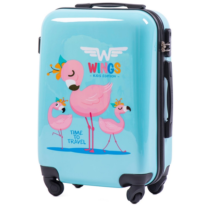 Куфар, Деца, Wings WKIDS - 55 cm Flamingo, поликарбонат, с 4 колела, Светло синьо