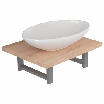 Set mobilier de baie 2 piese, vidaXL, Ceramica/Stejar, raft de 40 cm si chiuveta ovala de 40 cm, Maro Set mobilier de baie 2 piese, vidaXL, Ceramica/Stejar, raft de 40 cm si chiuveta ovala de 40 cm, Maro
