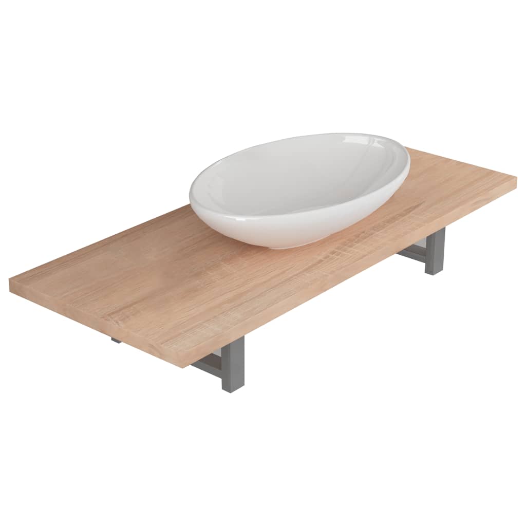 Set mobilier de baie 2 piese, vidaXL, Ceramica/Stejar, raft de 90 cm si chiuveta ovala de 40cm, Maro