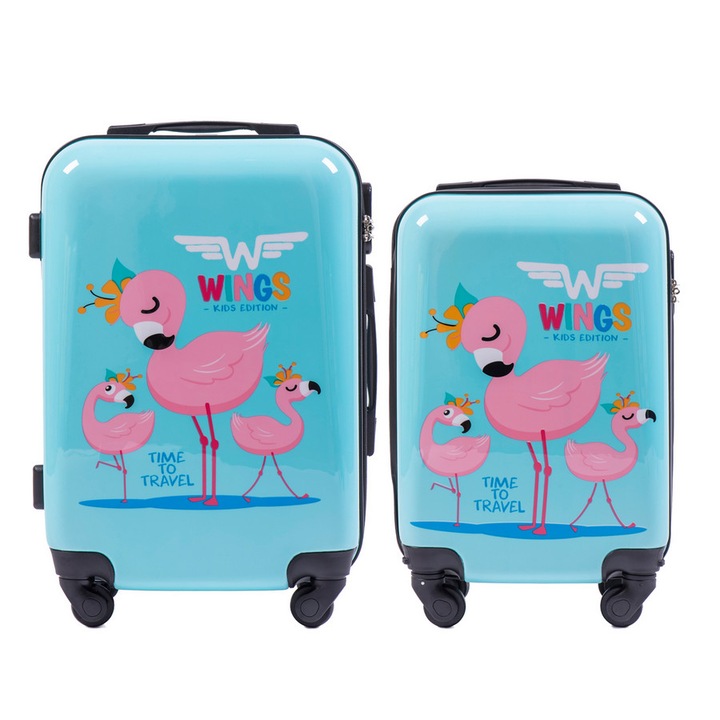 Комплект куфари, Wings, WKIDS, 2 броя, Flamingo, поликарбонат, с 4 колела, Светло синьо