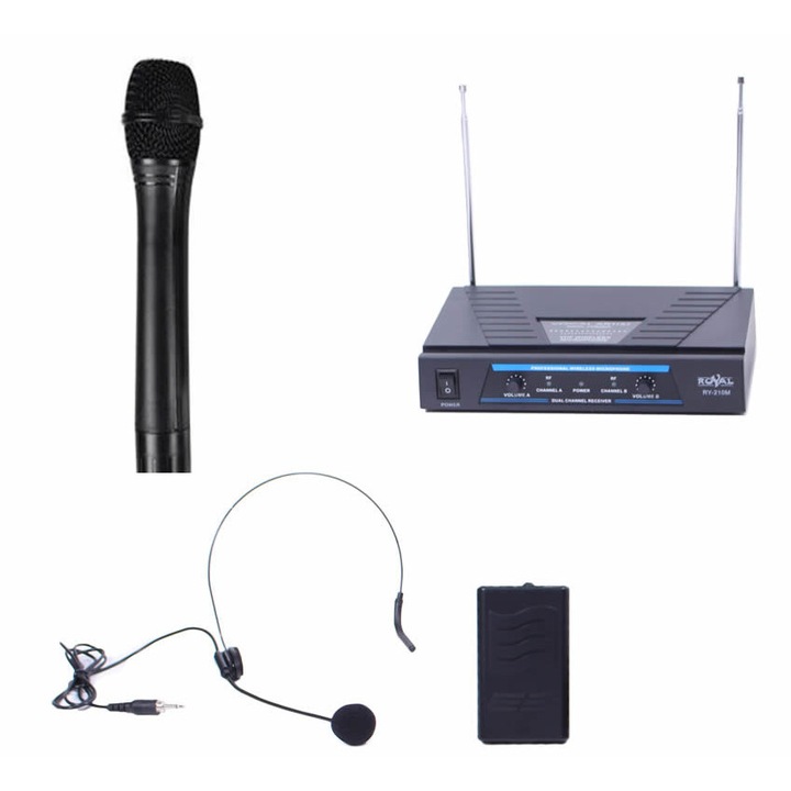 Microfon wireless, Royal, RY-210D, Casca cu microfon, 100m, Negru