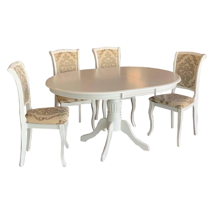 Set masa alba cu 4 scaune tapitate cu model floral, 106cm restransa, 141cm extinsa, 106cm latime, 75cm inaltime