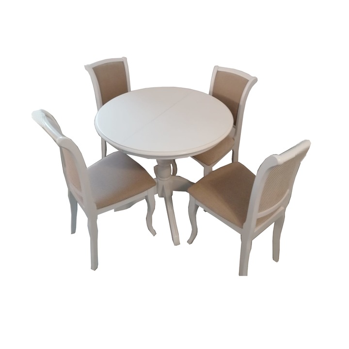 Set masa rotunda cu 4 scaune tapiterie bej, 90cm restransa, 120cm extinsa, 90cm latime, 75cm inaltime, alba