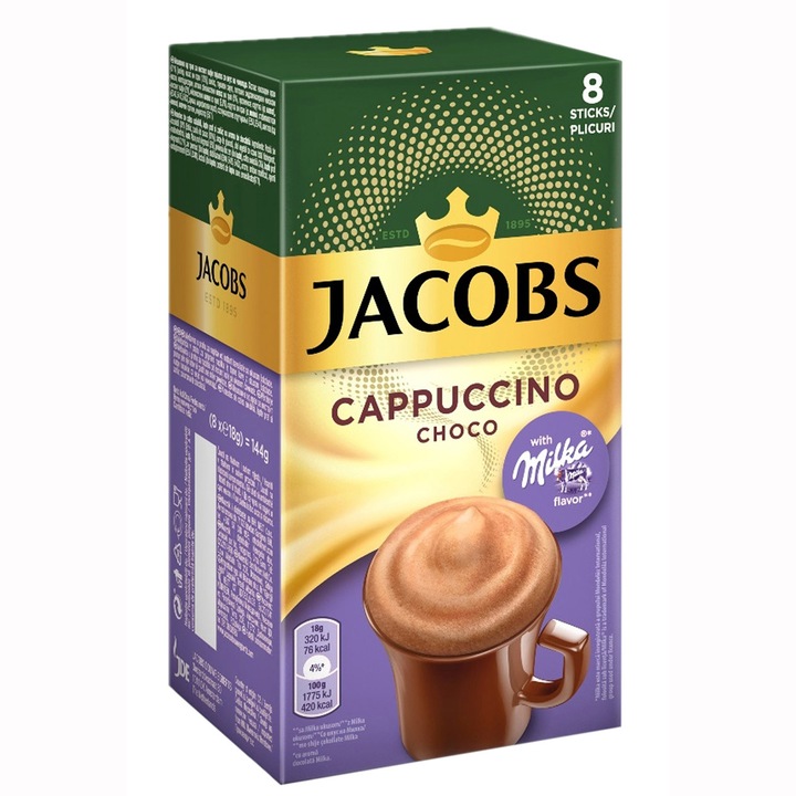 Cafea solubila Jacobs Cappuccino Milka, 8 plicuri, 18 gr.