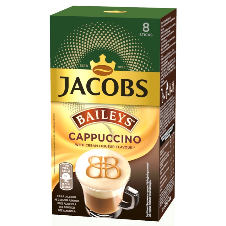 Cafea solubila Jacobs Cappuccino Baileys,8 plicuri, 13.5 gr.