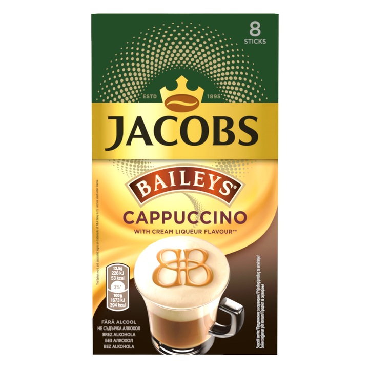 Cafea solubila Jacobs Cappuccino Baileys,8 plicuri, 13.5 gr.