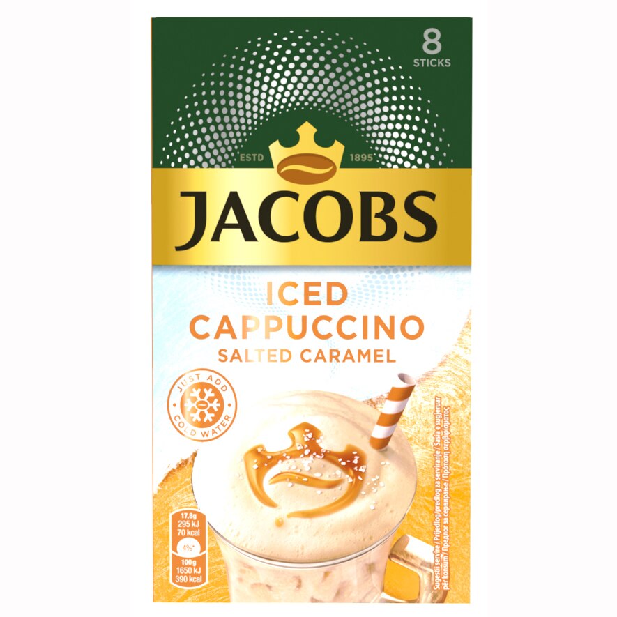Cafea solubila Jacobs Iced Cappuccino Salted Caramel, 8 plicuri, 17.8 gr.