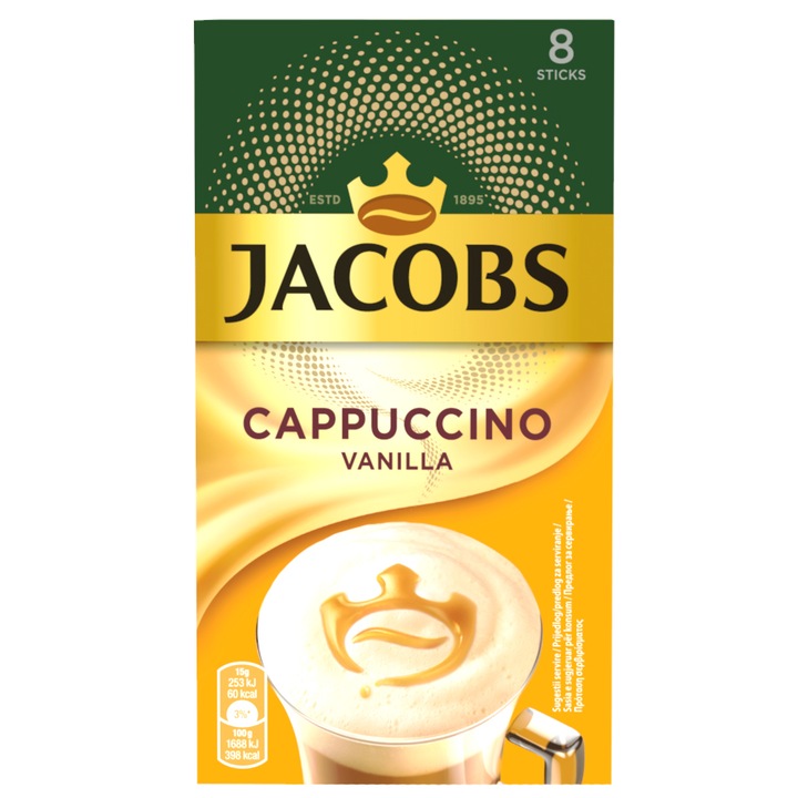 Cafea solubila Jacobs Cappuccino Vanilla, 8 plicuri, 15 gr.