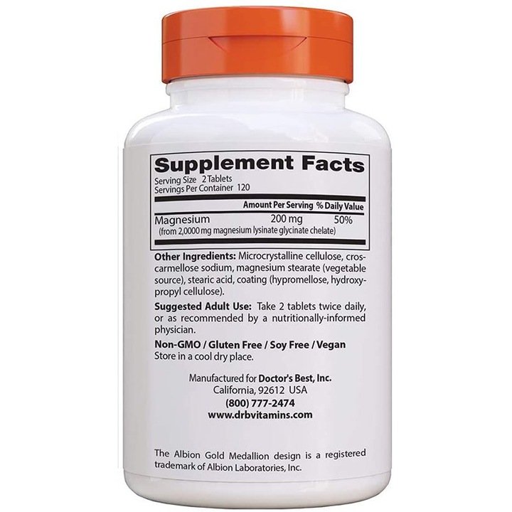 Doctor's Best magnézium, 100% kelát, gyors felszívódás, támogatja a csontok, a szív- és érrendszer, az izmok, az idegrendszer egészségét, 200 mg / adag, 240 tabletta