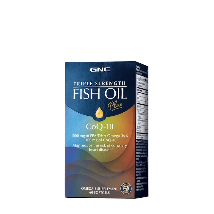 GNC Triple Strength Fish Oil Plus CoQ-10, Ulei de Peste Plus Coenzima Q-10, 60 cps