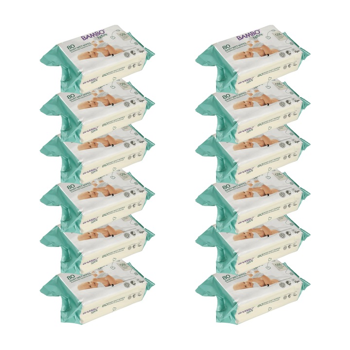 Servetele umede Ecologice Bambo Nature, 12 pachete x 80, 960 bucati
