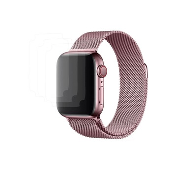 Set curea tip plasa cu prindere magnetica pentru Apple Watch 42 / 44mm si 3 folii din hidrogel, roz Set curea tip plasa cu prindere magnetica pentru Apple Watch 42 / 44mm si 3 folii din hidrogel, roz