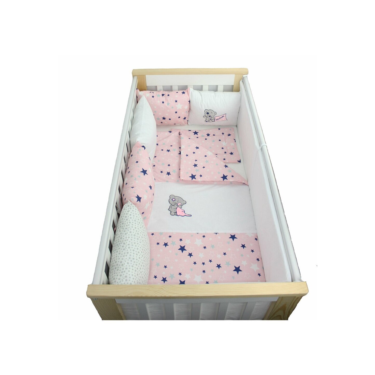 Lenjerie cu perne, 9 piese, Welcome, roz cu stelute, 120 x 60 cm