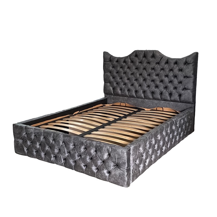 Pat dublu cu somiera, Beds Place, Tudor Premium, Gri Antracit, 140x200 cm