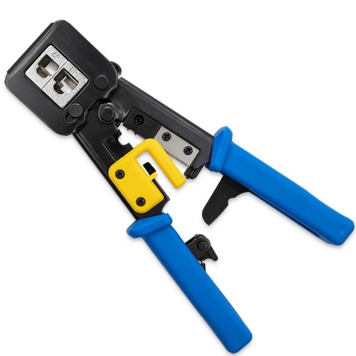 Cleste Modular RJ45 RJ11, Qoltec, Zaclampare Precisa Cu Blocare Pentru Cablu LAN WAN CCTV Ideal Pentru Atelier Si Instalatii Acasa Constructie Din Otel Durabil Manevrare Usoara Pentru Conexiuni Sigure Si Rapid Montaj In Retele, 220 x 70 x 23 mm, Negru