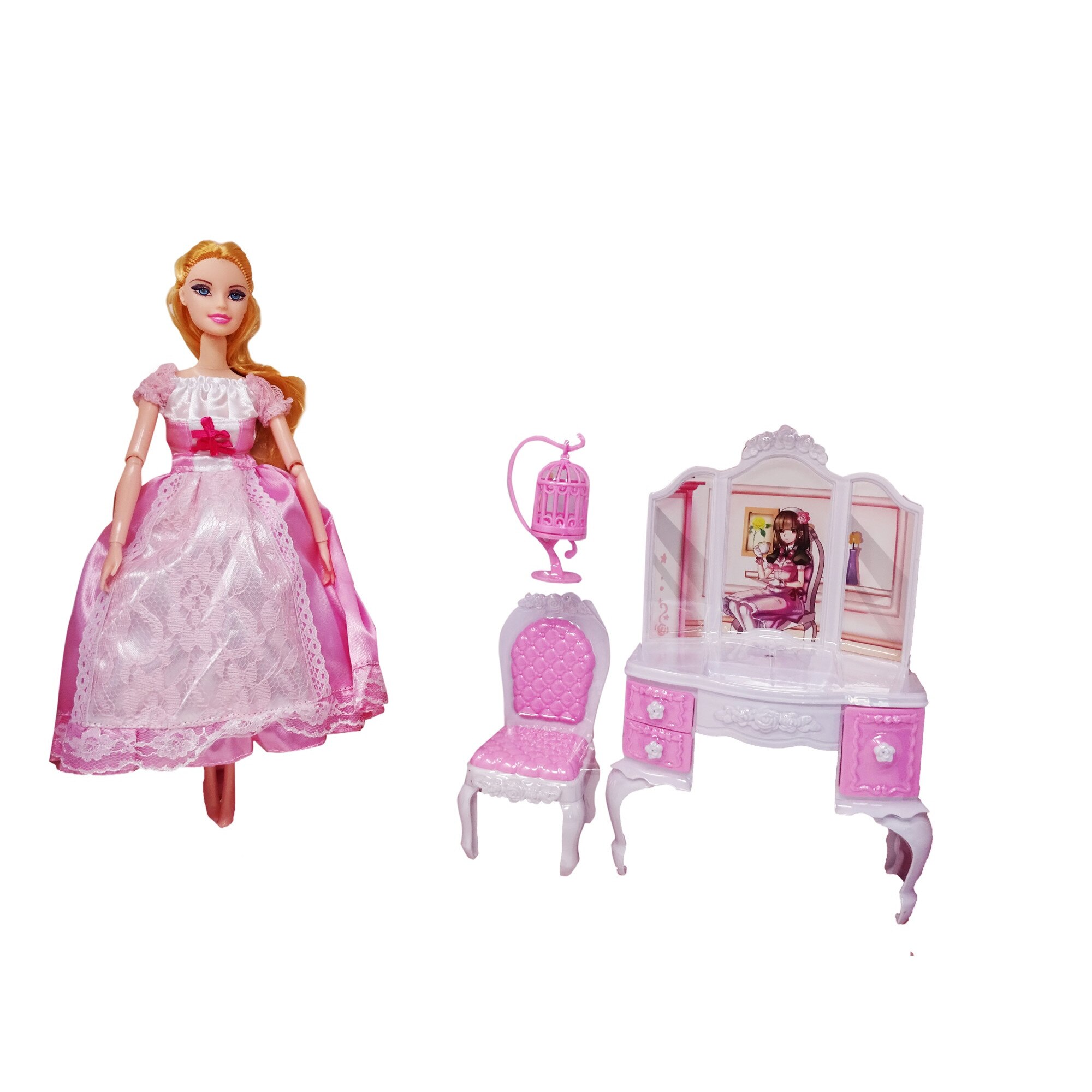 Set Papusa Printesa cu Mobilier, Roz