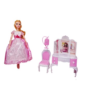 Set Papusa Printesa cu Mobilier, Roz Set Papusa Printesa cu Mobilier, Roz