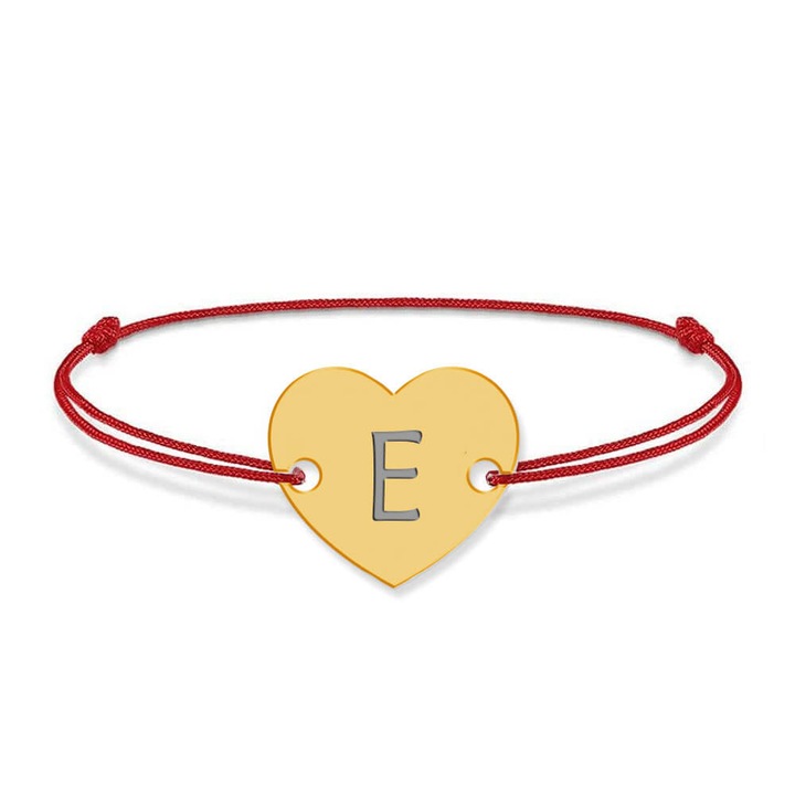Bratara din argint placat cu aur de 24 karate, Inimioara, litera E, dimensiune reglabila (nod snur), BijuBOX