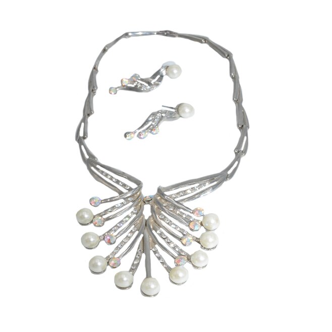 Colier elegant cu cercei cu surub, cu perle si cristale,D&J Exclussive,argintiu
