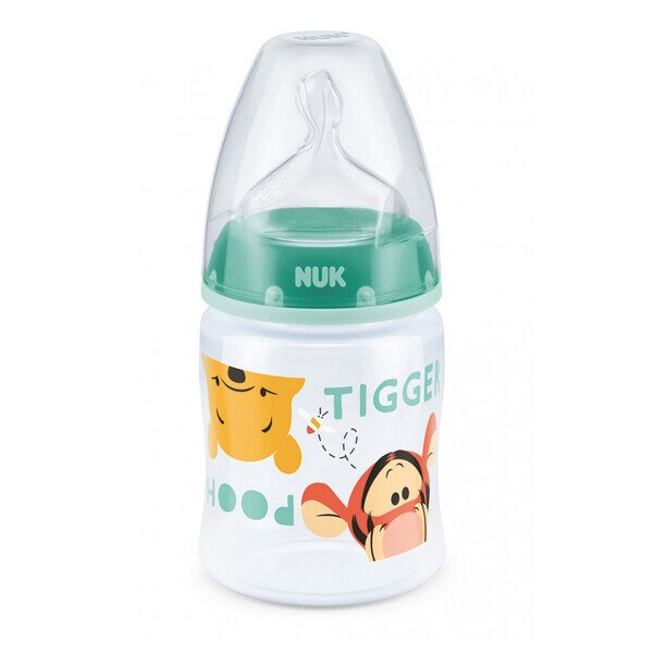 Biberon din polipropilena cu tetina din silicon 150 ml 0-6 luni Nuk First Choice+ Winnie The Pooh 743736, Verde