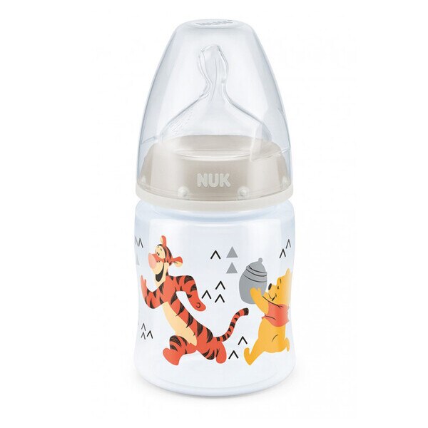 Biberon din polipropilena cu tetina din silicon 150 ml 0-6 luni Nuk First Choice+ Winnie The Pooh 743736G, Gri