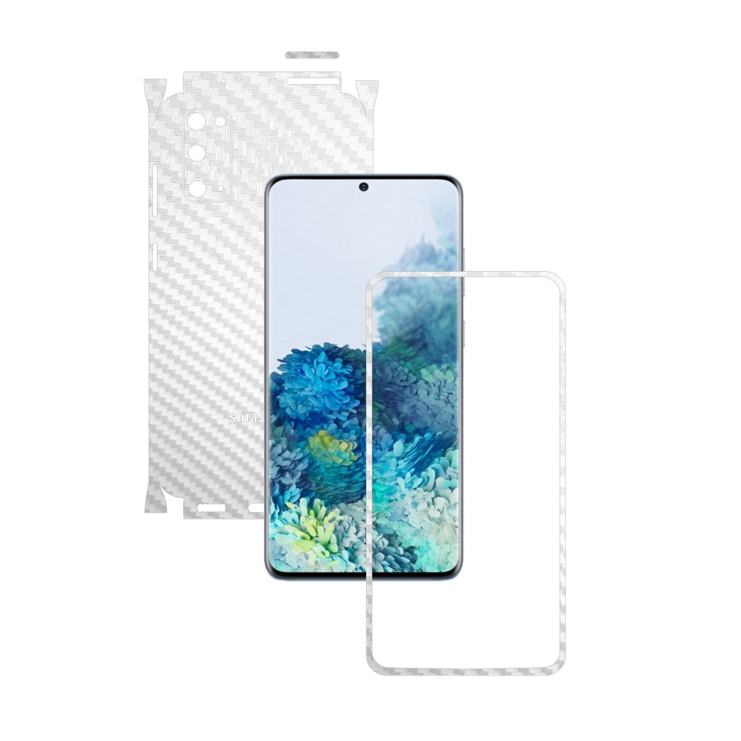 Folie Protectie Carbon Skinz pentru Samsung Galaxy S20, 5G - Carbon Alb 360 Cut, Skin Adeziv Full Body Cover pentru Rama Ecran, Carcasa Spate si Laterale