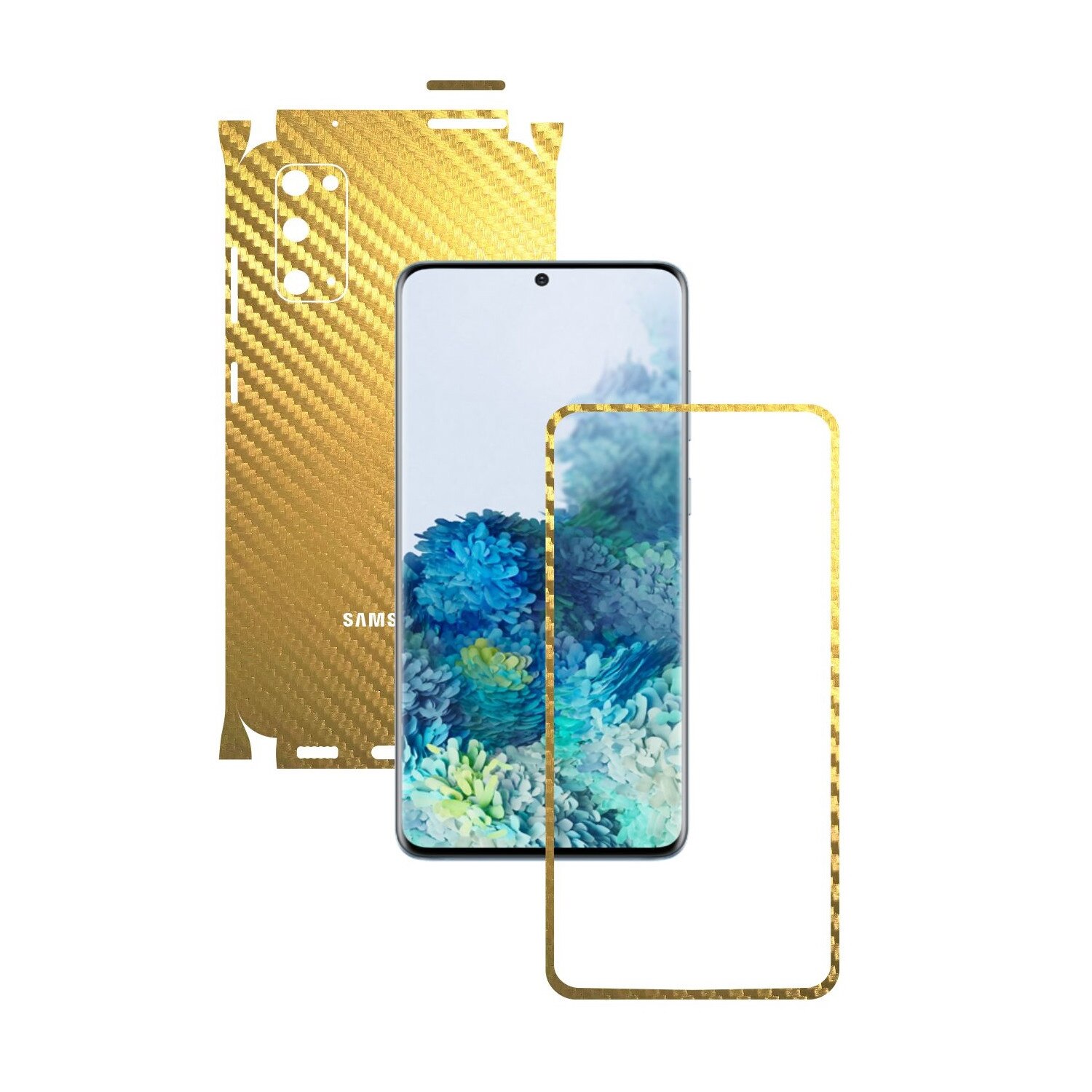 Folie Protectie Carbon Skinz pentru Samsung Galaxy S20, 5G - Carbon Auriu 360 Cut, Skin Adeziv Full Body Cover pentru Rama Ecran, Carcasa Spate si Laterale