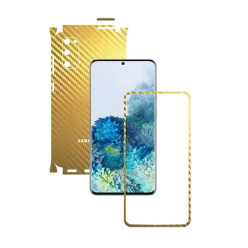 Folie Protectie Carbon Skinz pentru Samsung Galaxy S20, 5G - Carbon Auriu 360 Cut, Skin Adeziv Full Body Cover pentru Rama Ecran, Carcasa Spate si Laterale