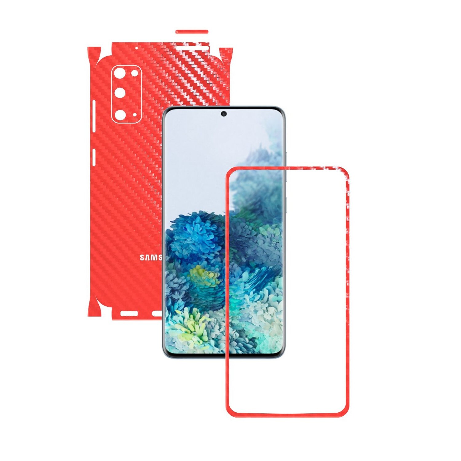 Folie Protectie Carbon Skinz pentru Samsung Galaxy S20, 5G - Carbon Rosu 360 Cut, Skin Adeziv Full Body Cover pentru Rama Ecran, Carcasa Spate si Laterale