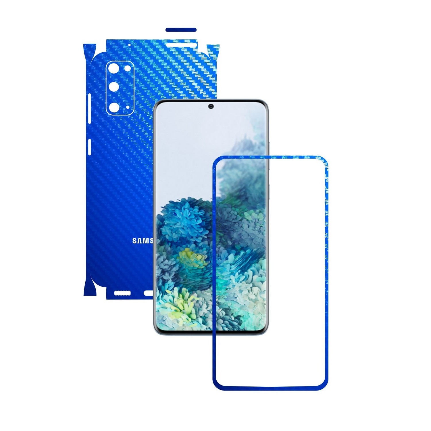 Folie Protectie Carbon Skinz pentru Samsung Galaxy S20, 5G - Carbon Albastru 360 Cut, Skin Adeziv Full Body Cover pentru Rama Ecran, Carcasa Spate si Laterale