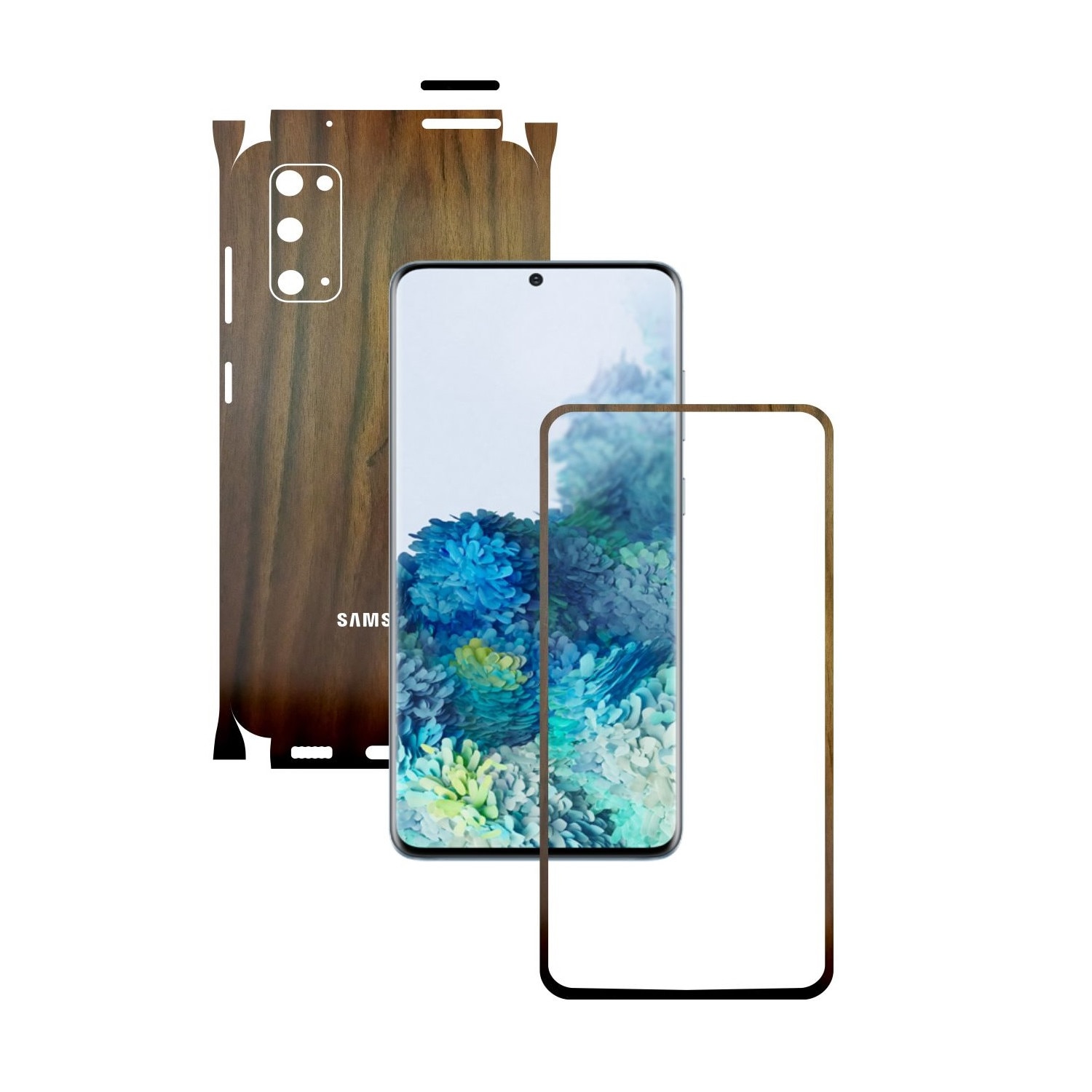 Folie Protectie Carbon Skinz pentru Samsung Galaxy S20, 5G - Lemn Nuc 360 Cut, Skin Adeziv Full Body Cover pentru Rama Ecran, Carcasa Spate si Laterale