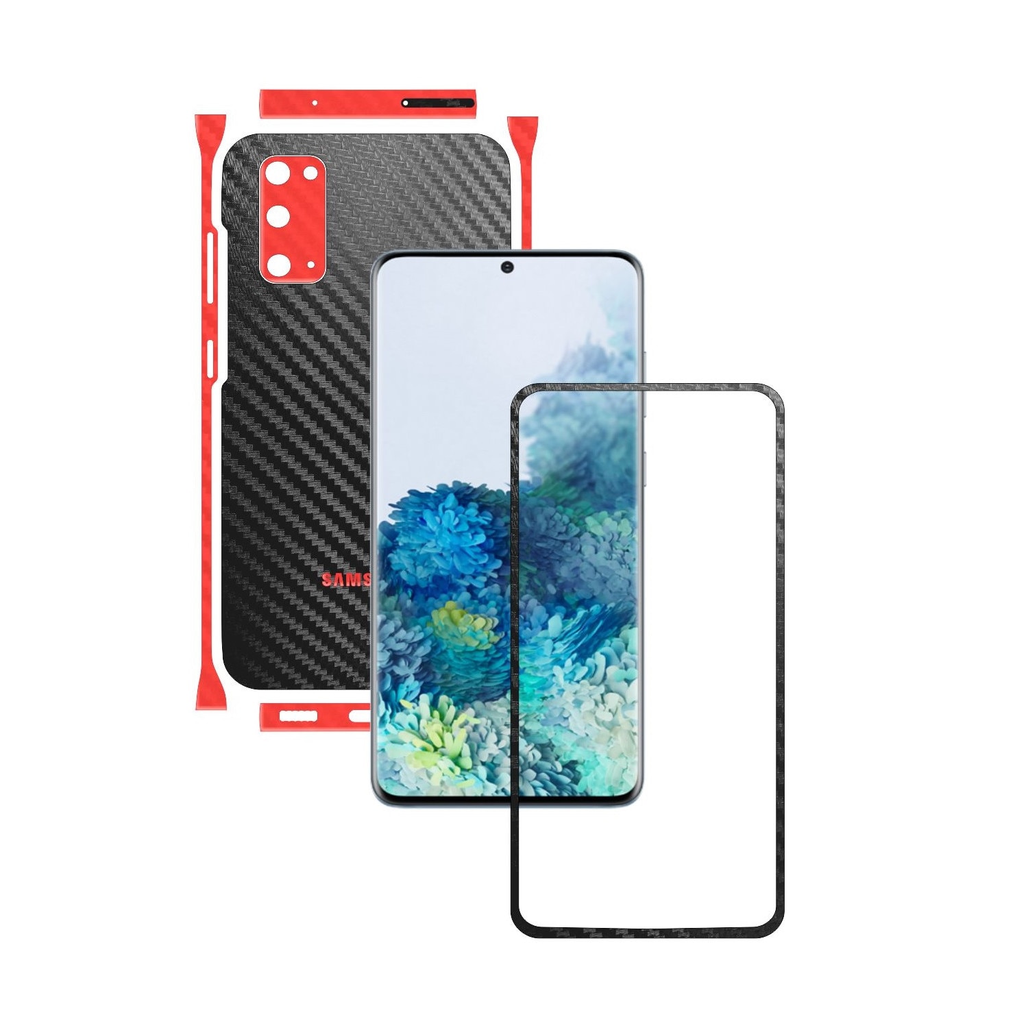 Folie Protectie Carbon Skinz pentru Samsung Galaxy S20, 5G - Carbon Two Tone Negru / Rosu, Skin Adeziv Full Body Cover pentru Rama Ecran, Carcasa Spate si Laterale