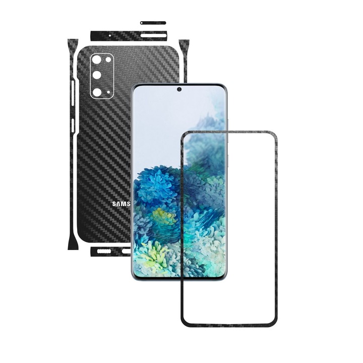 Folie Protectie Carbon Skinz pentru Samsung Galaxy S20, 5G - Carbon Negru Split Cut, Skin Adeziv Full Body Cover pentru Rama Ecran, Carcasa Spate si Laterale