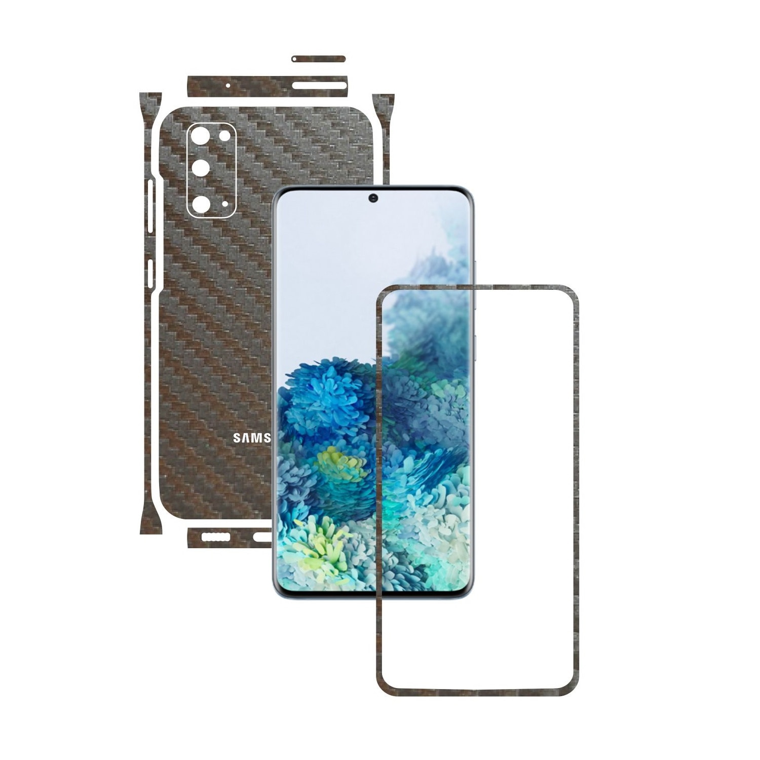 Folie Protectie Carbon Skinz pentru Samsung Galaxy S20, 5G - Carbon Gri Argintiu Split Cut, Skin Adeziv Full Body Cover pentru Rama Ecran, Carcasa Spate si Laterale