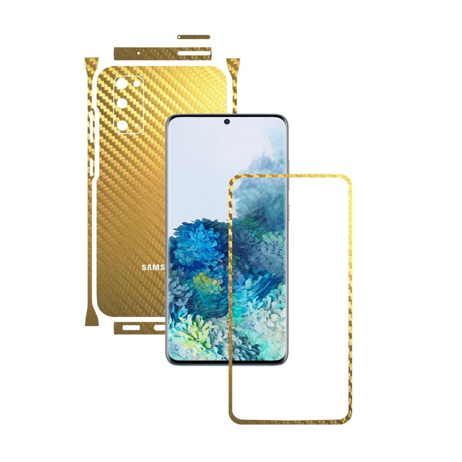Folie Protectie Carbon Skinz pentru Samsung Galaxy S20, 5G - Carbon Auriu Split Cut, Skin Adeziv Full Body Cover pentru Rama Ecran, Carcasa Spate si Laterale