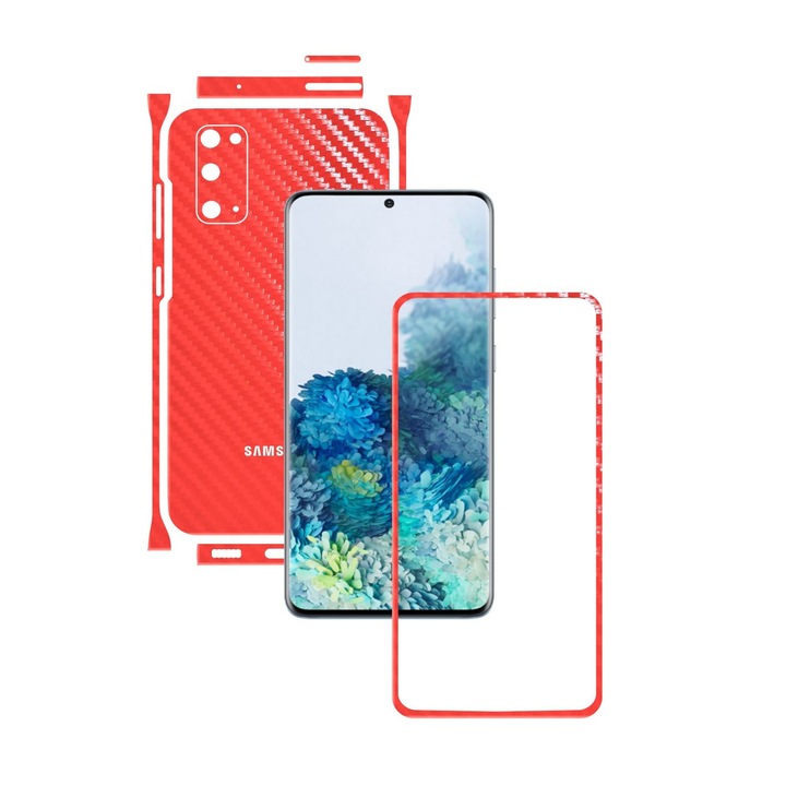 Folie Protectie Carbon Skinz pentru Samsung Galaxy S20, 5G - Carbon Rosu Split Cut, Skin Adeziv Full Body Cover pentru Rama Ecran, Carcasa Spate si Laterale