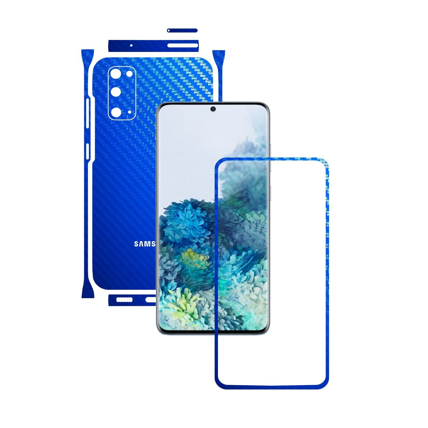 Folie Protectie Carbon Skinz pentru Samsung Galaxy S20, 5G - Carbon Albastru Split Cut, Skin Adeziv Full Body Cover pentru Rama Ecran, Carcasa Spate si Laterale