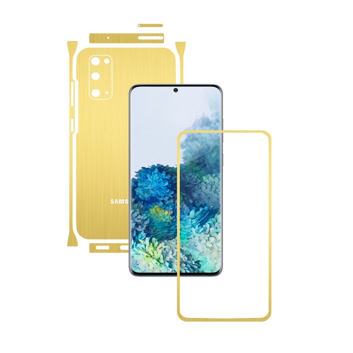 Folie Protectie Carbon Skinz pentru Samsung Galaxy S20, 5G - Brushed Auriu Split Cut, Skin Adeziv Full Body Cover pentru Rama Ecran, Carcasa Spate si Laterale